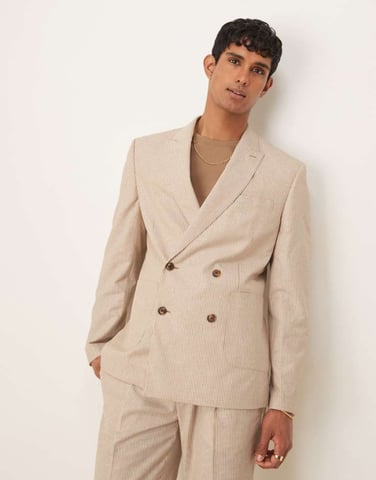 ASOS DESIGN linen slim suit jacket in stone stripe