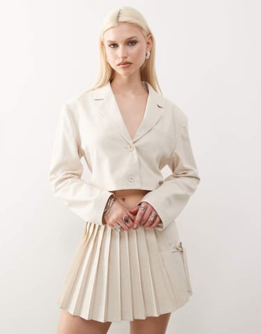 COLLUSION cropped tie back woven blazer in stone - STONE