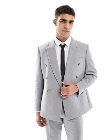 ASOS DESIGN wool blend double breasted regular suit jacket in grey basketweave