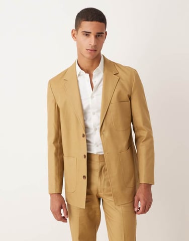 ASOS DESIGN cotton linen blend regular suit jacket in camel twill