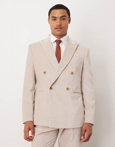 ASOS DESIGN slim double breasted suit jacket in stone lightweight cotton velvet - STONE
