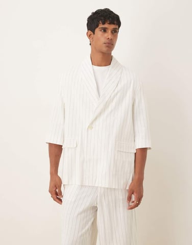 ASOS DESIGN linen mix slouchy oversized suit jacket in white pinstripe