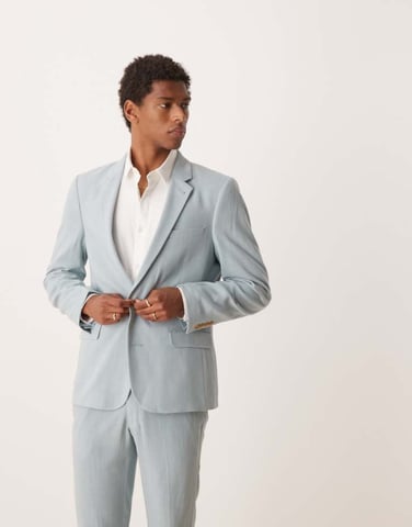 ASOS DESIGN skinny suit jacket with linen in light blue microtexture