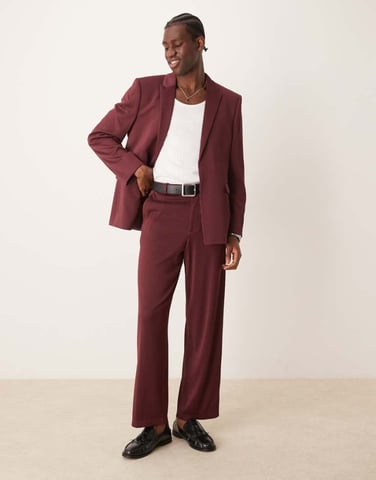 ASOS DESIGN regular suit jacket in burgundy ribbed fabric