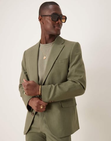 ASOS DESIGN linen blend skinny suit jacket in olive
