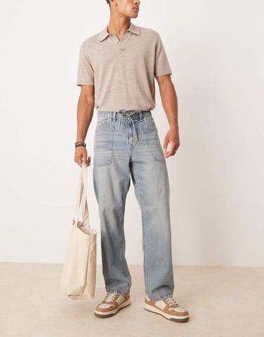 ASOS DESIGN baggy jeans with drawcord in light wash blue with tint