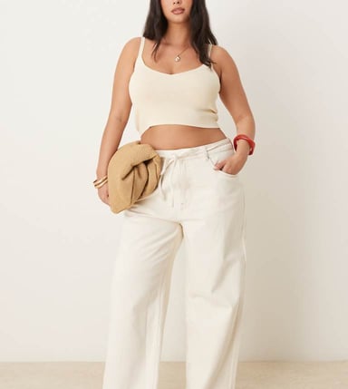 ASOS DESIGN Curve crop wide leg dad jean with belt in ecru