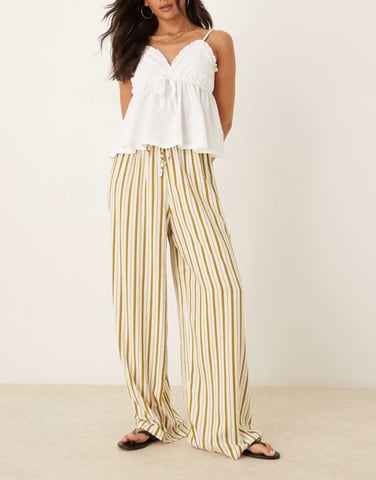 ASOS DESIGN linen blend pull on trouser in olive pinstripe