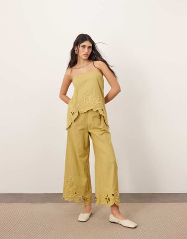 ARRANGE cotton embroidered floral cutwork trouser co-ord in olive green