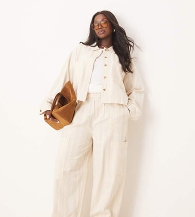 ASOS DESIGN Curve cotton barrel leg trousers with utility pockets co-ord in ecru stripe