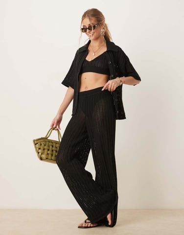 ASOS DESIGN pointelle palazzo trousers co-ord in black