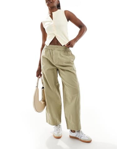 ASOS DESIGN laundered barrel pull on trousers in khaki