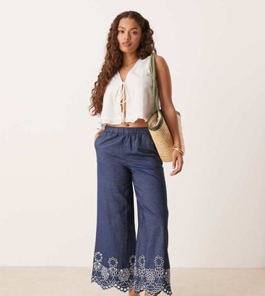 JDY Petite embroidery detail cropped trousers in mid blue wash
