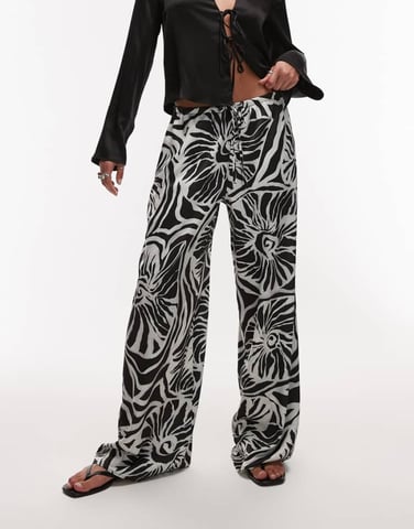 Topshop mono abstract shell print satin drawcord trousers in grey