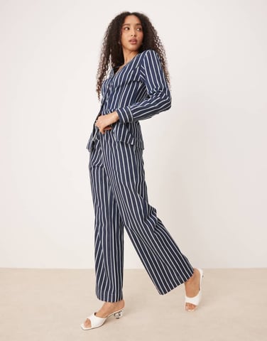 Glamorous high waisted drawstring straight leg trousers in blue denim stripe
