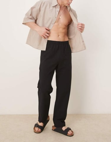 Selected straight fit seersucker trousers in black
