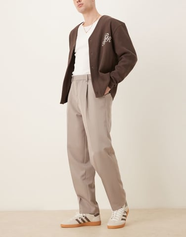ASOS DESIGN smart oversized tapered trousers with front pleats in dark stone
