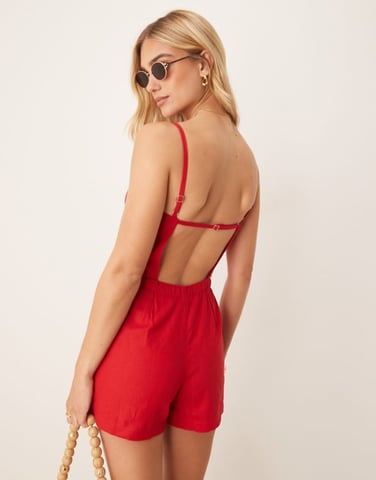Abercrombie & Fitch Jumpsuit apron neck linen romper in red square print
