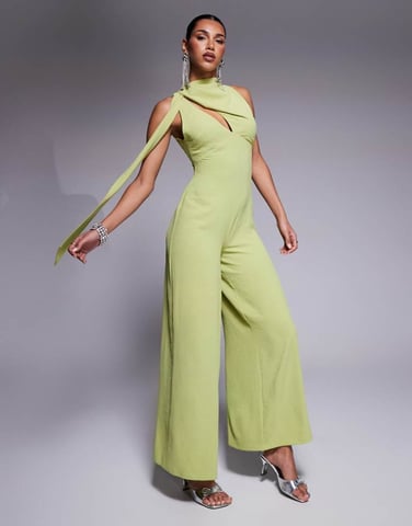 ASOS DESIGN cowl draped neck wide leg jumpsuit with tie detail in green