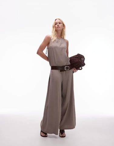 Topshop chuck on boxy jumpsuit in brown cupro
