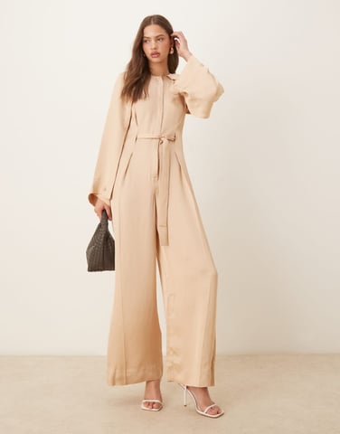 & Other Stories jumpsuit with half belt detail and split sleeves in beige