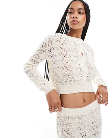 Miss Selfridge knitted crotchet cardigan co ord in cream