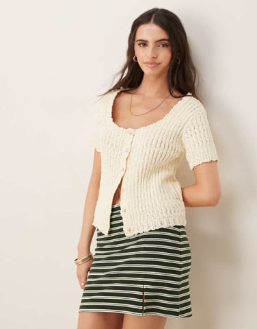 ASOS DESIGN knitted scoop neck button through cardigan in textured yarn in cream