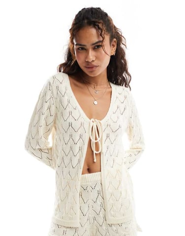 Miss Selfridge knitted pointelle flare sleeve tie front cardigan co ord in cream