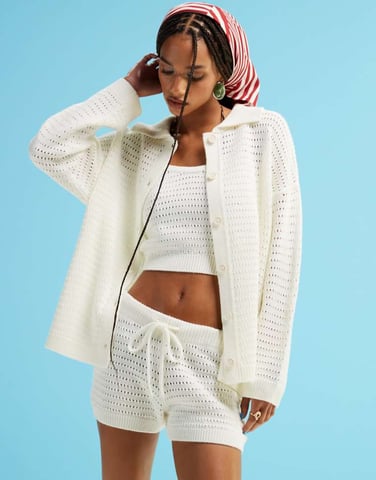ASOS DESIGN knitted collar cardigan in stitch co-ord in cream