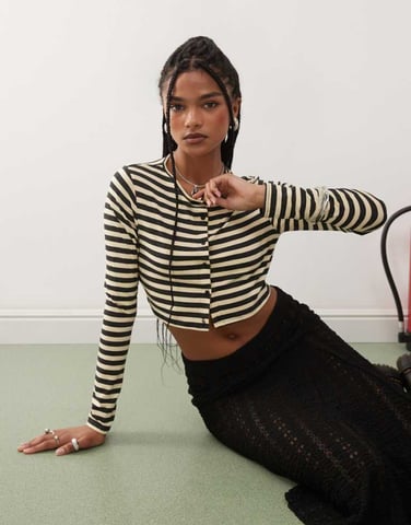 COLLUSION ultra micro crop cardigan in yellow micro stripe