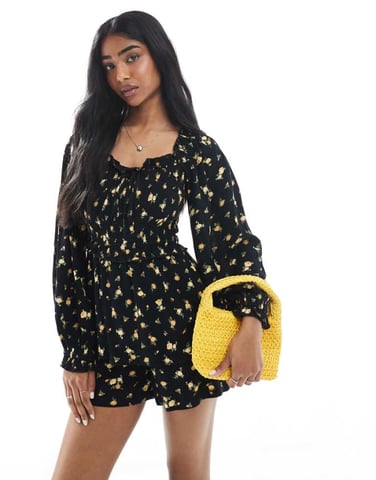 Miss Selfridge long sleeve floral playsuit in black
