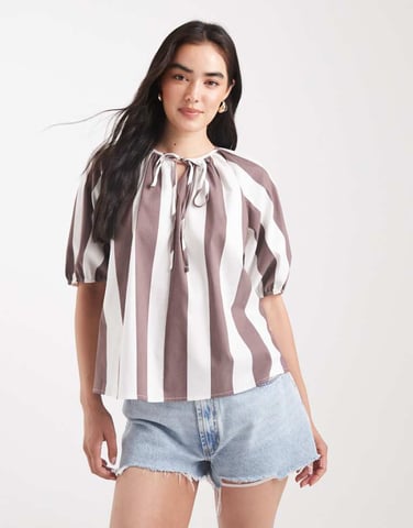 ASOS DESIGN puff sleeve tie detail blouse in stripe
