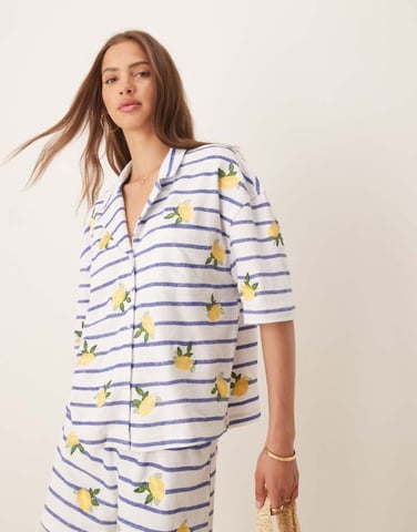 ASOS DESIGN revere stripe shirt with lemon embroidery
