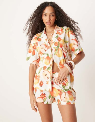 ASOS DESIGN linen look revere shirt co-ord in fruit print