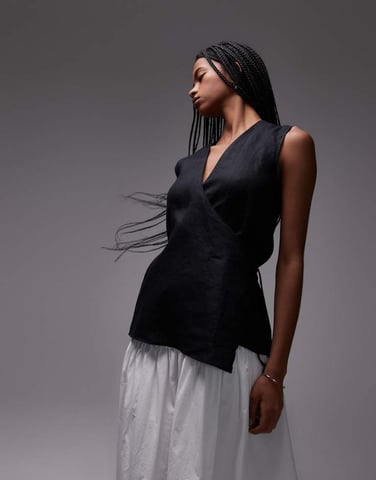 ARKET linen sleeveless shirt with tie wrap front in black