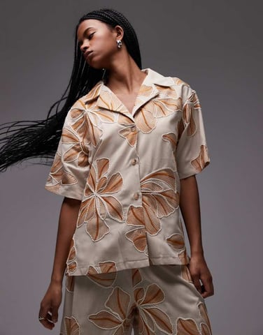 Topshop co-ord resort shirt in natural floral stitch