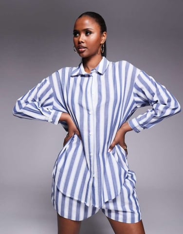 Kaiia exclusive cotton oversized shirt co-ord in blue and white deckchair stripe