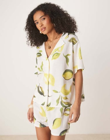 ASOS DESIGN oversized revere collar shirt co-ord in lemon print