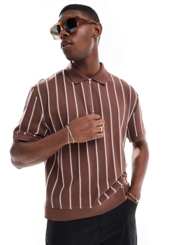 ASOS DESIGN avslappnad boxig randig halvdraget polo i brunt och vitt