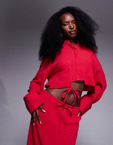 Kaiia exclusive textured cotton cropped tie back oversized shirt co-ord in red