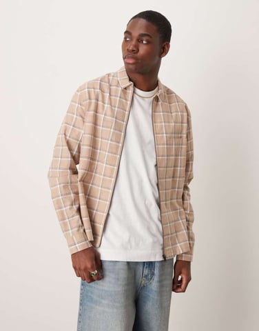 ASOS DESIGN boxy overshirt zip through shirt in brown check