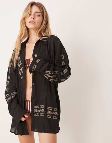 ASOS DESIGN Billie crinkle beach shirt in embroidered bandana print