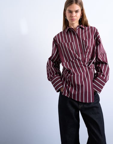 Topshop Asymmetric placket waisted long sleeve cinched shirt in burgundy stripe