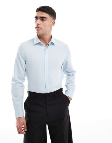 ASOS DESIGN formal textured shirt in regular fit with concealed buttons in blue