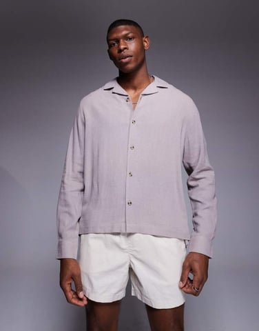 ASOS DESIGN boxy revere linen blend shirt in grey