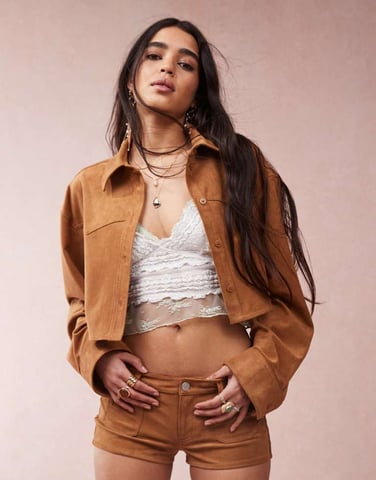 Monki co-ord faux suede skjorta med västern detaljer i beige