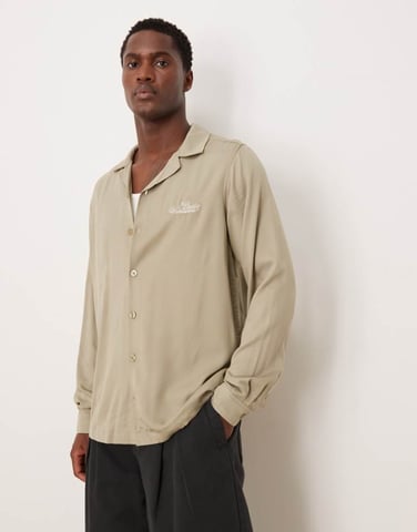 ASOS DESIGN co-ord regular revere shirt with chest embroidery in stone