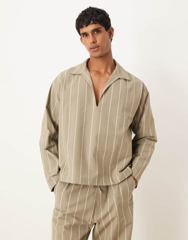 ASOS DESIGN koord oversized randig skjorta i khaki