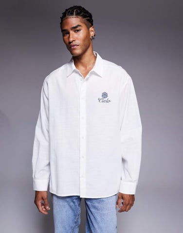 ASOS DESIGN oversized shirt with chest embroidery in white