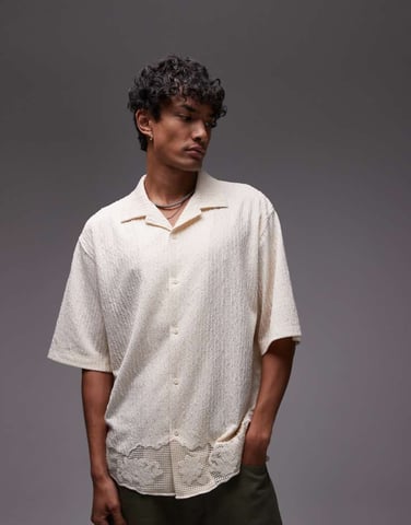 Topman avslappnad passform knappad jersey-skjorta med spetsdetaljer i ljus sten